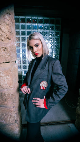 Popcorn Gray Striped Oversized Blazer