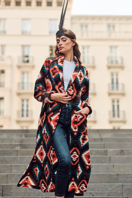 Brown Tribal Long Fleece Coat