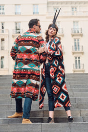 Red and Aqua Long Fleece Coat