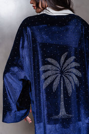 Velvet Navy Blue Palm Kimono with Swarovski Studs